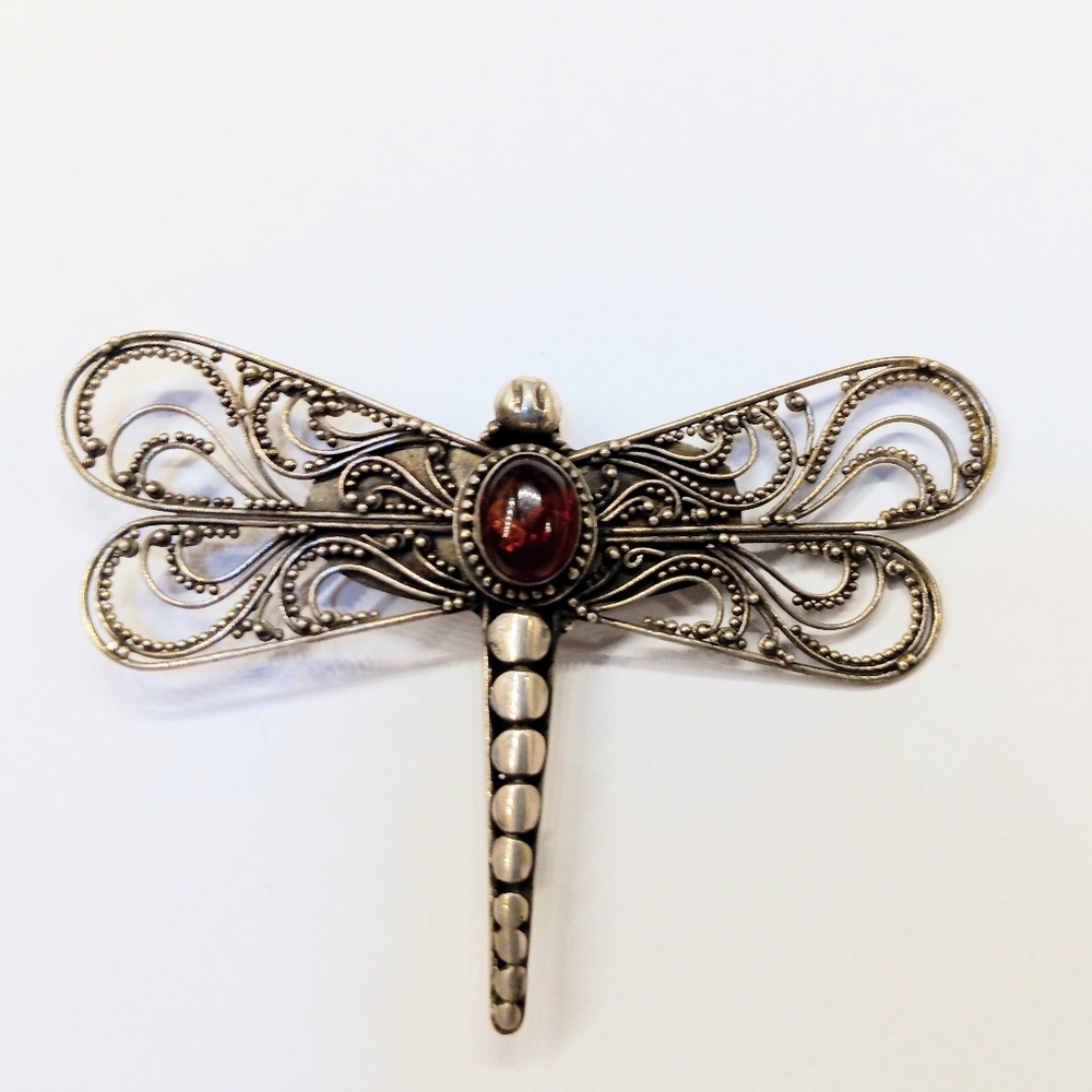 Large Sterling Silver Beaded Amber Dragonfly Brooch Vintage